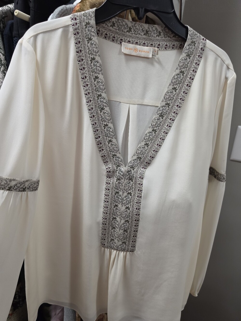 Tory Burch Cream Blouse with Green/Burgundy Tiny Floral Trim